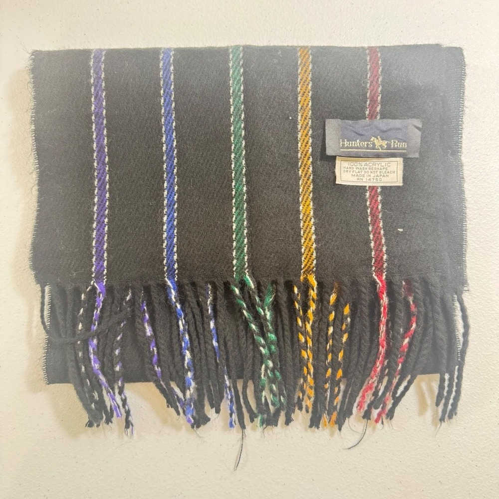VTG Hunters Run Scarf Black Acrylic Multi Stripe Fringe Made in Japan